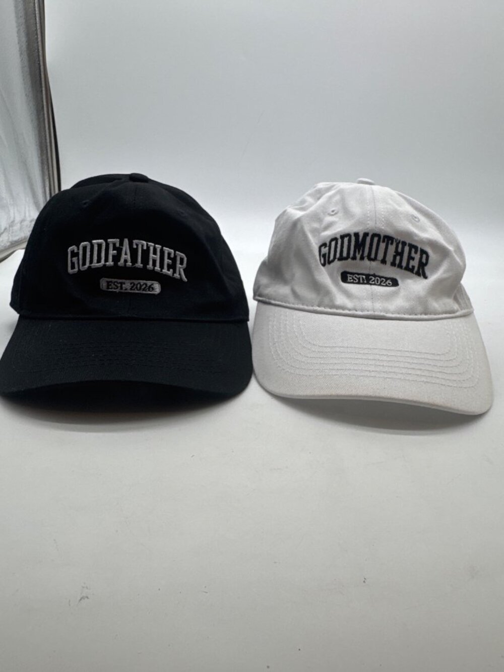 Godfather & Godmother Embroidered Cotton Caps Adjustable Strap Est. 2026 Black &